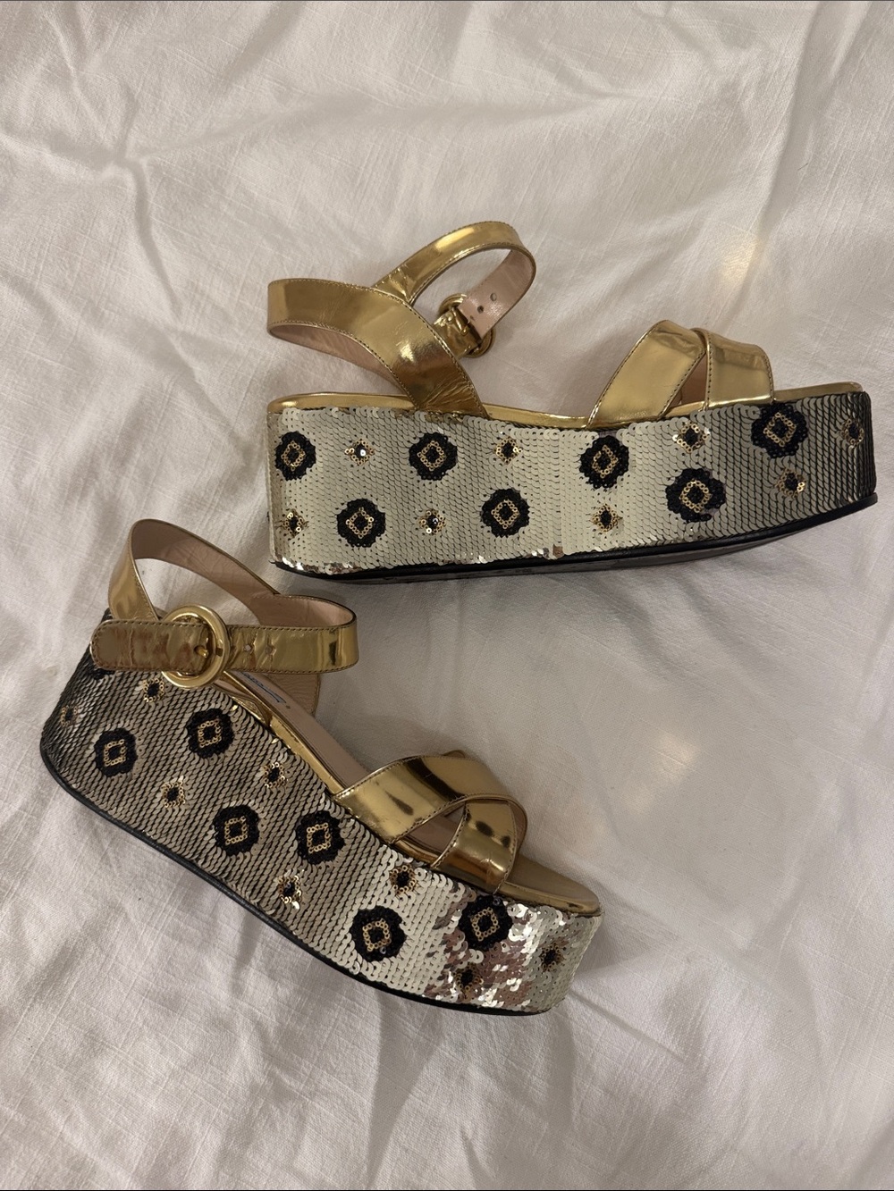 Prada Gold Sequined Platform Sandals with Black Motif